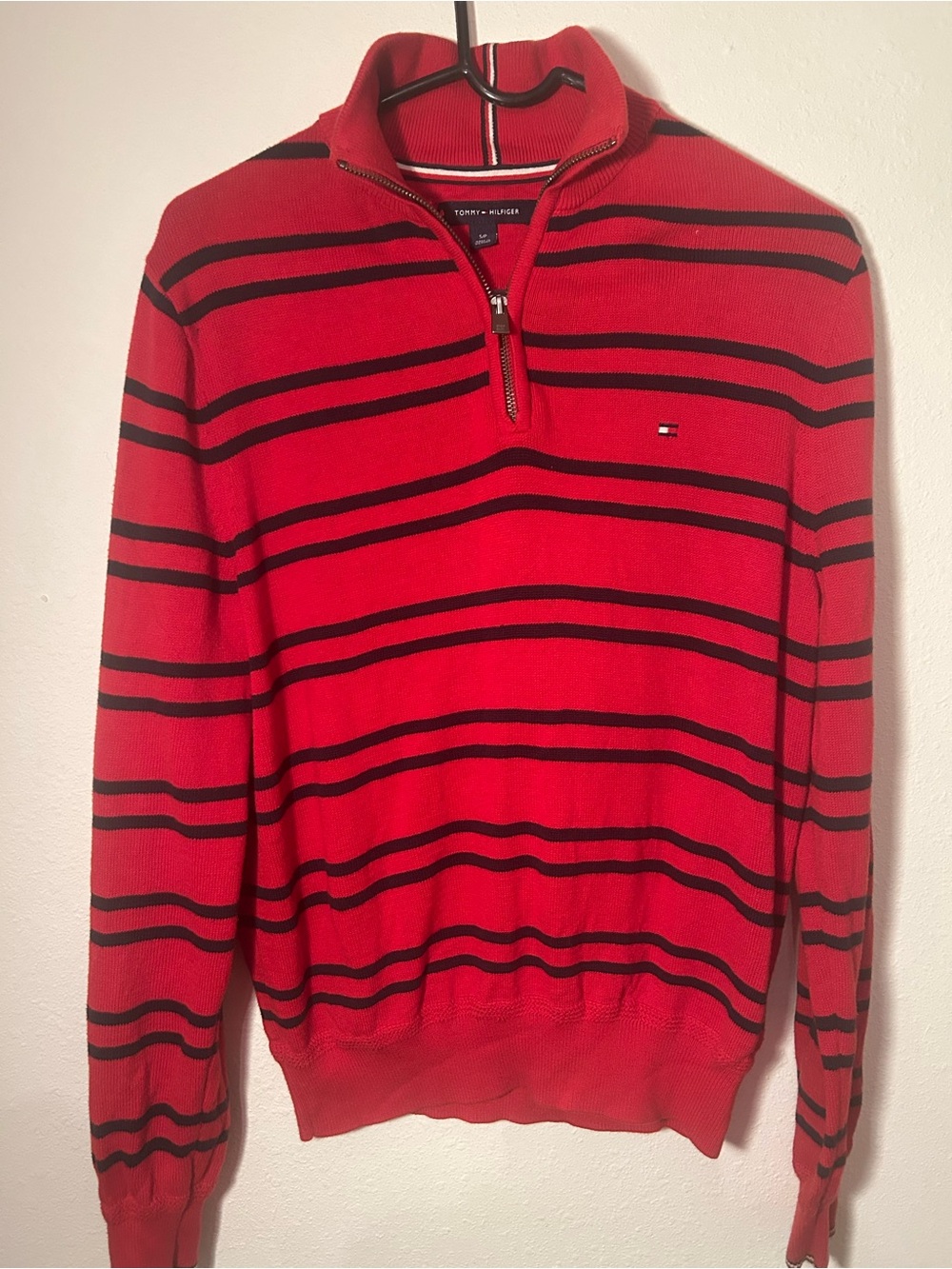 Tommy Hilfiger Red and Black Striped Quarter-Zip Sweater